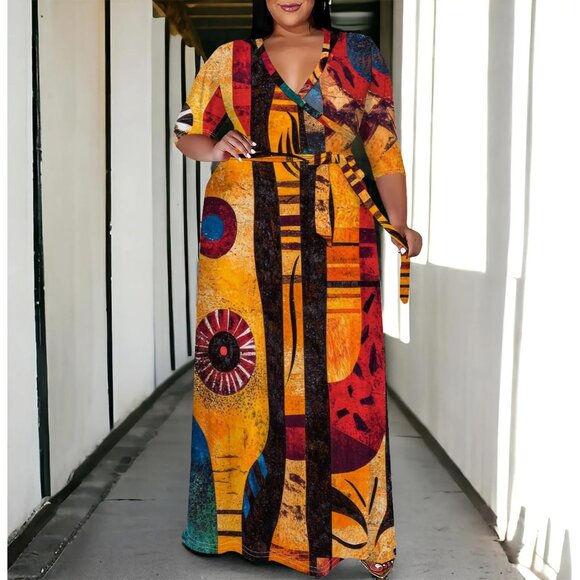 Plus Size Maxi Dress V-Neck 3/4 Sleeves Belt Floor Length Casual Formal - Picture 3 of 6